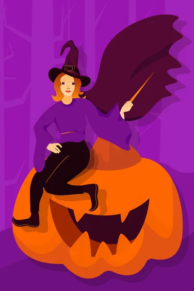 Halloween-Grußkarte mit Hexe und Kürbis. — Stockvektor