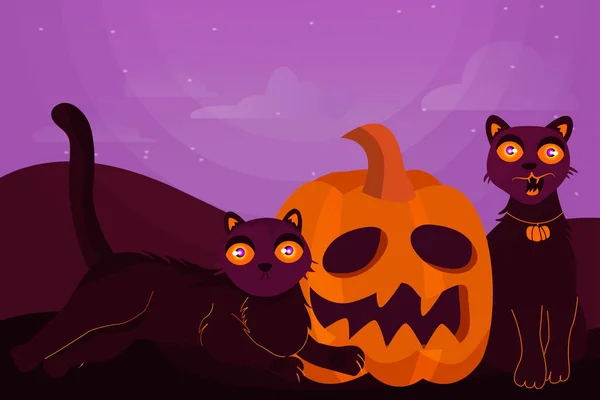 Halloween-Grußkarte mit Katzen und Kürbissen auf dunkler Landschaft. — Stockvektor