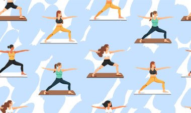 Yoga yapan kadınlarla dikişsiz desen. Kızlar virabhadrasana savaşçı yoga poz yapıyor. Sağlıklı yaşam tarzı. 