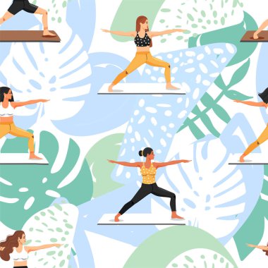 Yoga yapan kadınlarla dikişsiz desen. Kızlar virabhadrasana savaşçı yoga poz yapıyor. Sağlıklı yaşam tarzı.