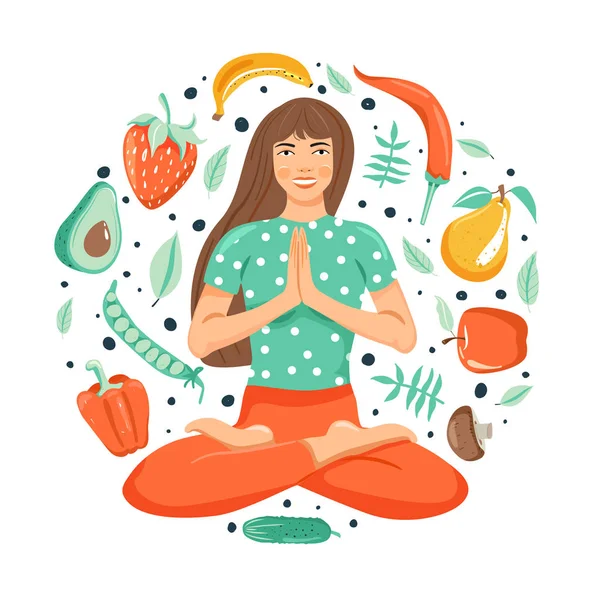 Gezond lifestyle concept. Aantrekkelijke jonge vrouw die yoga beoefenen. Set van groenten en fruit. — Stockvector