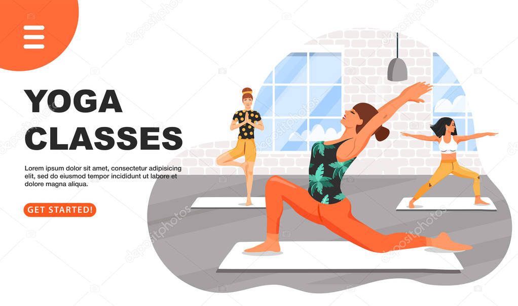 Healthy lifestyle and yoga concept. Sporty women practicing yoga. Girls doing various yoga poses. Fitness class.
