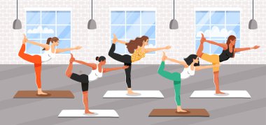 Yoga dersi uygulayan genç sportif kadınlardan oluşan bir grup. Dans egzersizinin lordu olan kızlar. Natarajasana yoga poz.