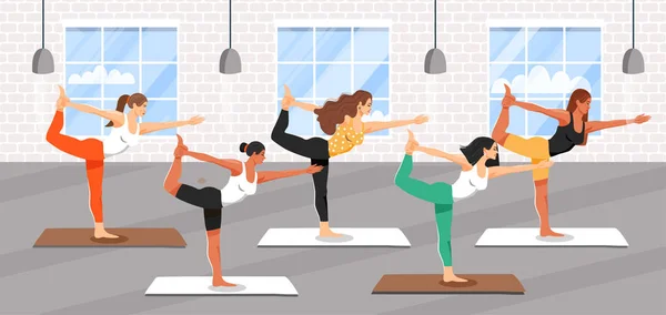 Grupo de jóvenes deportistas que practican clases de yoga. Chicas de pie en el señor del ejercicio de baile. Natarajasana yoga pose . — Vector de stock