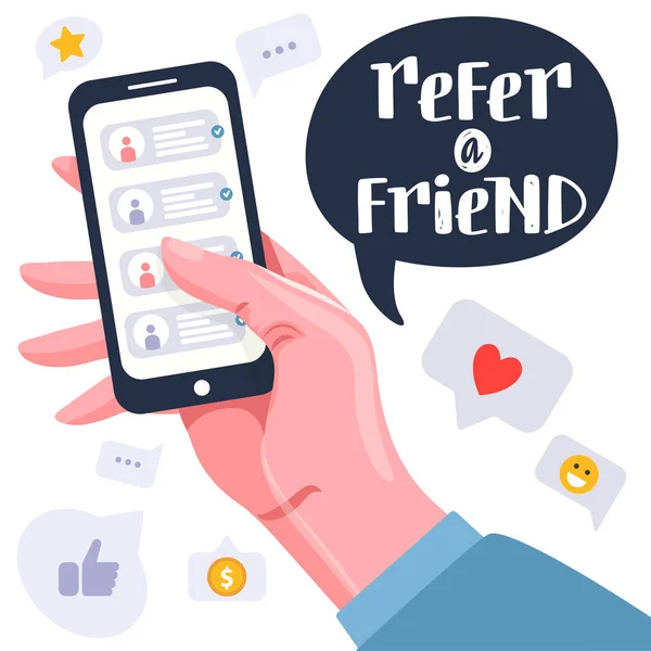 Référez-vous à un ami ou un concept de marketing de référence. Téléphone main tenant avec des contacts d'amis . — Image vectorielle