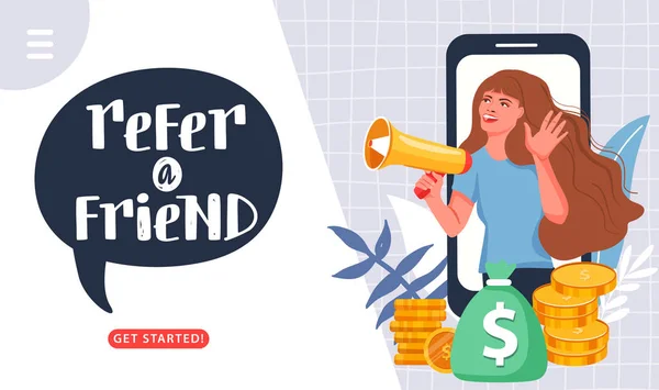 Verwijs een vriend marketing concept. Vrouw met een megafoon nodigt zijn vrienden naar Referral programma. — Stockvector