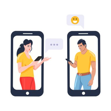Akıllı telefon ekranında sohbet eden insanlar. Erkek kadınla cep telefonu sohbet.