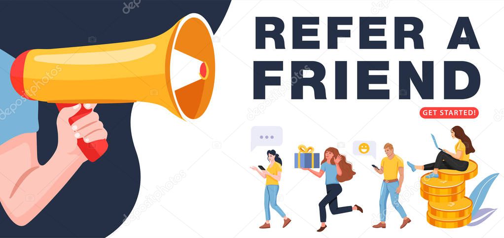 Refer a friend concept. Man with a megaphone invites his friends to referral program. People share info about referral program.