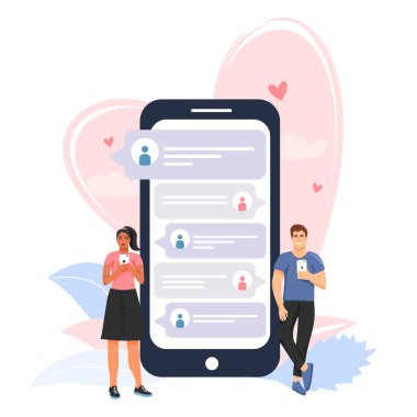 Sosyal ağ, sanal ilişkiler kavramı. Akıllı telefon ekranında sohbet eden insanlar. Erkek kadınla cep telefonu sohbet.