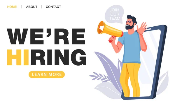 We are hiring concept. Recruitment agency. Man shouting on megaphone with join our team word. — Stock Vector