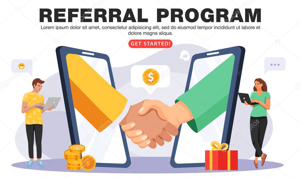 Refer a friend or Referral marketing concept. Business people shaking hands. Hands in big smartphone. People share info about referral program.