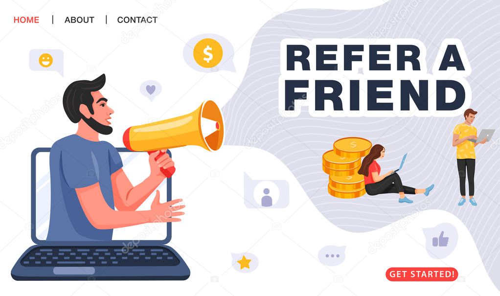 Refer a friend concept. Man with a megaphone invites his friends to referral program. People share info about referral program.
