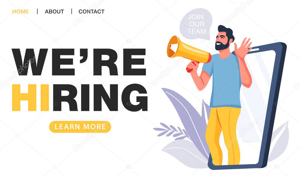 We are hiring concept. Recruitment agency. Man shouting on megaphone with join our team word.
