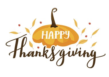 Şükran Günü için tipografi kompozisyonu. Sonbahar yaprakları, balkabağı ve yazı.