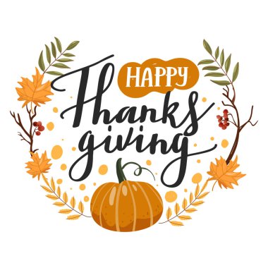 Şükran Günü için tipografi kompozisyonu. Sonbahar yaprakları, dalları, kabak, rowan ve yazı.