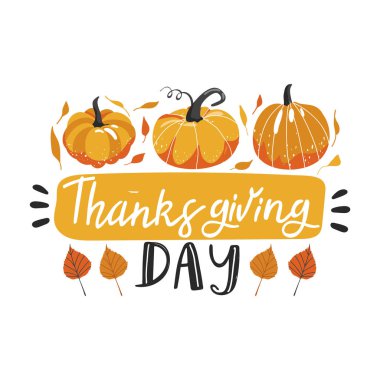 Şükran Günü için tipografi kompozisyonu. Sonbahar yaprakları, balkabağı ve yazı.