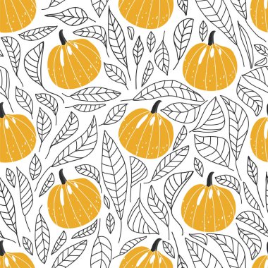 Kabak ve kontur yaprakları ile modern dikişsiz çiçek deseni. Soyut arka plan.