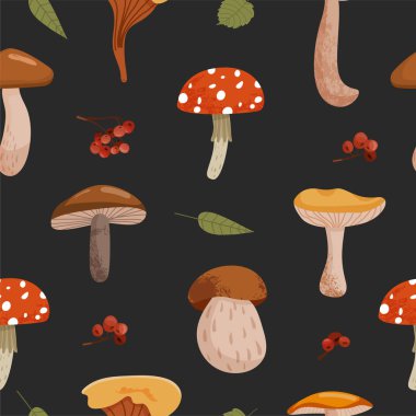 Çeşitli mantar, rowan ve yaprakları ile Sonbahar dikişsiz desen.