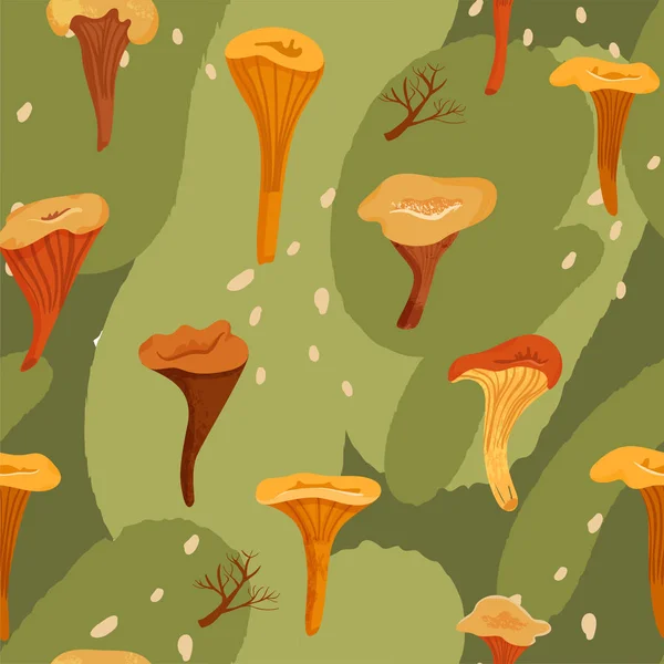 Autumn seamless pattern with various chanterelle mushrooms and abstract background. — Stock Vector