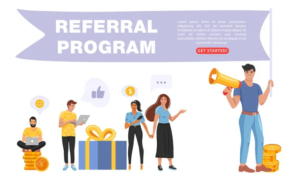 Verwijs een vriend concept. Man het houden van een vlag met referral programma woord en schreeuwen op megaphone. Mensen delen informatie over Referral-programma. — Stockvector