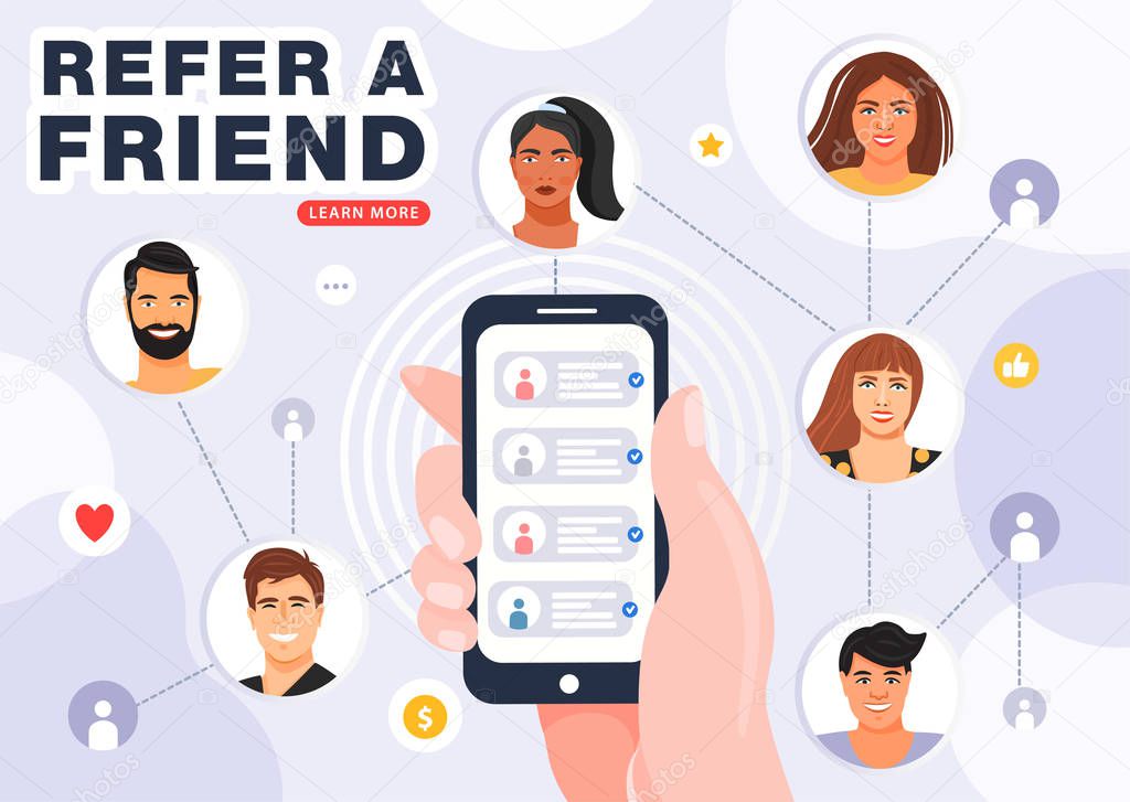 Referral program banner. Hand holding phone with contacts of friends. Referral network scheme, which contains people avatars connected to each other.