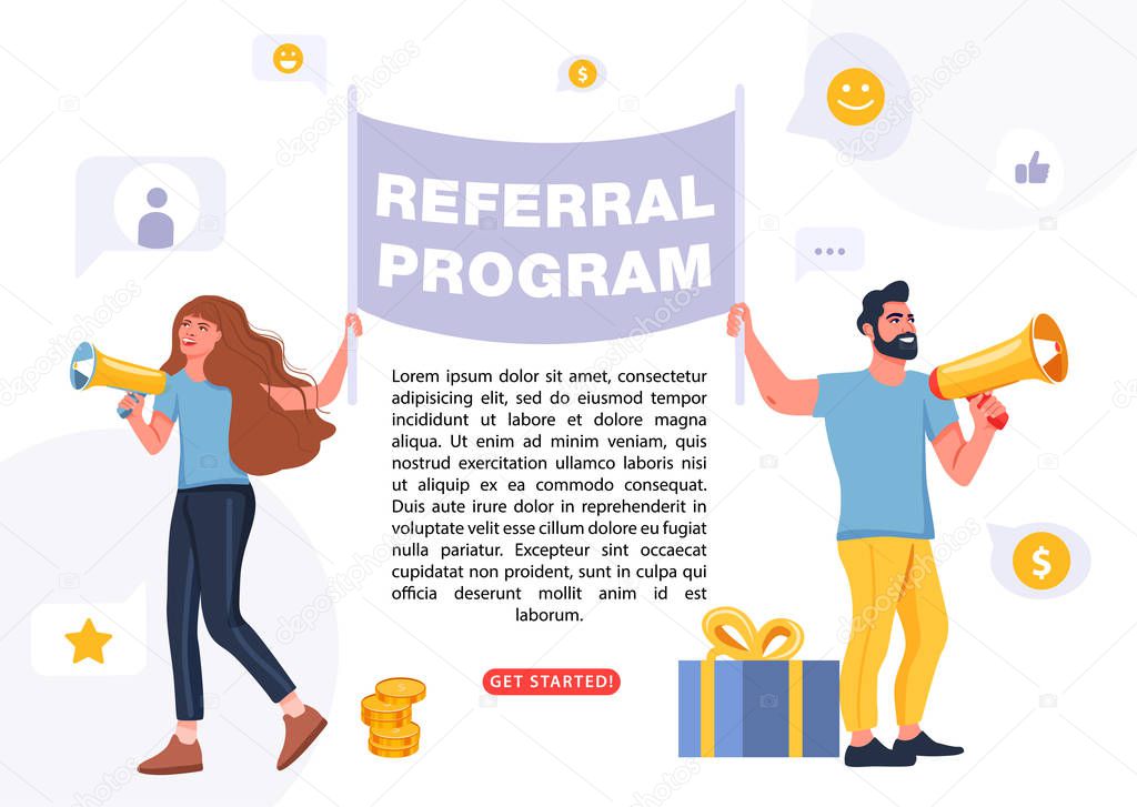 Refer a friend concept. People holding a flag with referral program word. Man and woman shouting on megaphone.