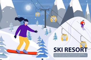 Kayak merkezi afiş illüstrasyon telesiyej, snowboardcu ve kayakçı ile. Sporcular yamaçlardan aşağı kayıyor.