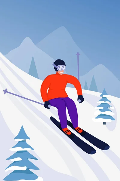 Спортивная иллюстрация с лыжником в спортивном костюме. Спортсмен на спуске . — стоковый вектор