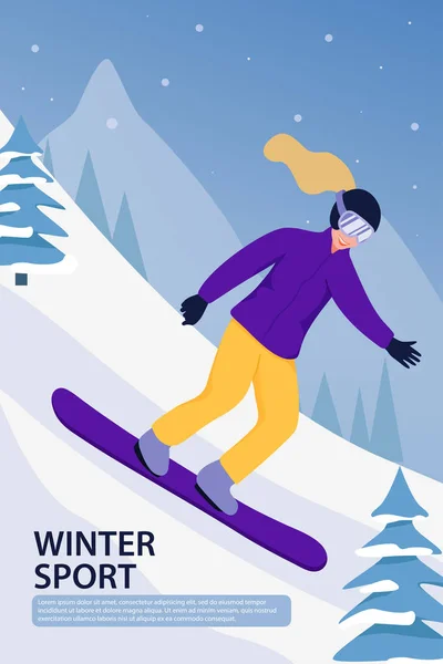 Extreme sport activity. Illustration with snowboarder in sports suit. Sportsman on downhill.