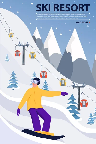 Illustration de bannière de station de ski avec téléski et snowboarder. Sportsman glisser sur les pistes . — Image vectorielle