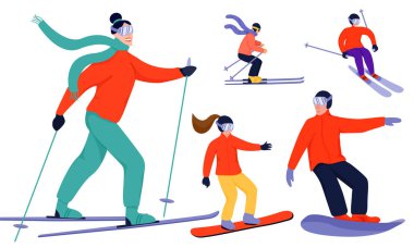 Kayakçılar ve snowboardcular koleksiyonu. Snowboard ve kayak lı insanlar.