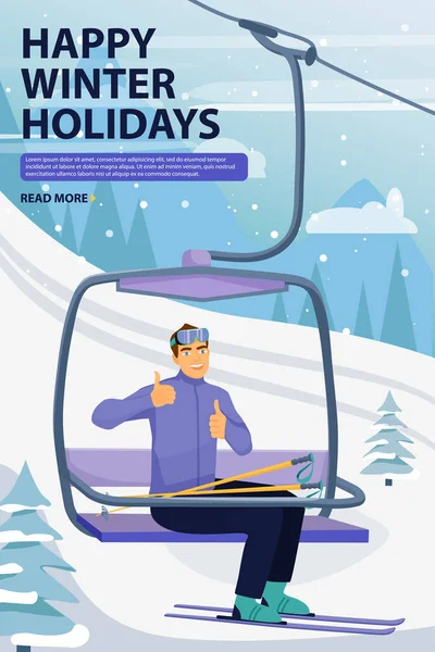 Conceito de atividade de férias de inverno. Homem feliz subir para o elevador de esqui e dando polegares para cima sinal . — Vetor de Stock