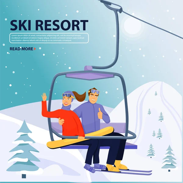 Winter vakanties activiteit concept. Gelukkig paar stijgen naar de skilift lift. Mooie vrouw zwaaiende hand en knappe man geven duimen omhoog teken. — Stockvector