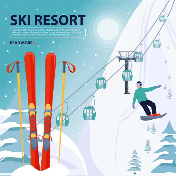 Ilustración de pancartas de estación de esquí con telesilla y equipo. El deportista se desliza por las pistas. Paisaje invernal con montañas, abetos y colinas de nieve . — Archivo Imágenes Vectoriales