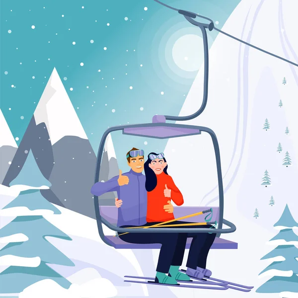 Winter vakanties activiteit concept. Gelukkig paar stijgen naar de skilift lift. Mooie vrouw en haar vriendje geven duimen omhoog teken. — Stockvector