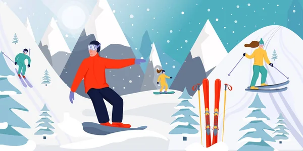 Estância de esqui ilustração banner. Esquiadores e snowboarders desportista deslizar pelas encostas. Snowboard e esqui nas montanhas . — Vetor de Stock