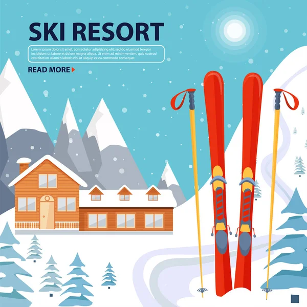 Ski Resort poster illustratie met houten huis en ski-uitrusting op besneeuwde landschap met bergen, dennenbomen en sneeuw heuvels. — Stockvector