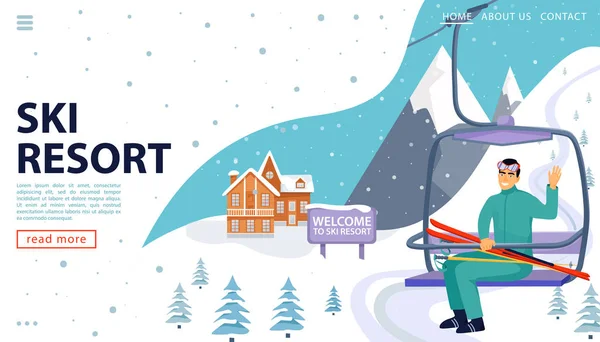 Ski Resort webpaginaconcept met houten huis, skilift en besneeuwde bergen. Gelukkige man stijgen naar de skilift en zwaaiende hand. Welkom bij Ski Resort. — Stockvector