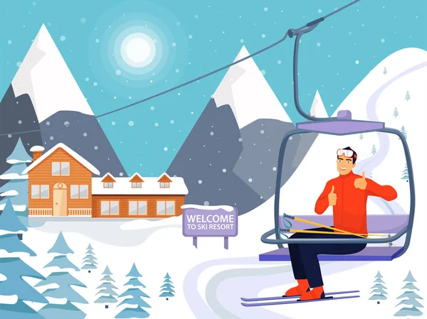 Koncepcja ośrodka narciarskiego z drewnianym domem, Wyciąg narciarski i ośnieżone góry. Szczęśliwy człowiek wznieść się do wyciągu Wyciąg narciarski i dając kciuki do góry znak. — Wektor stockowy