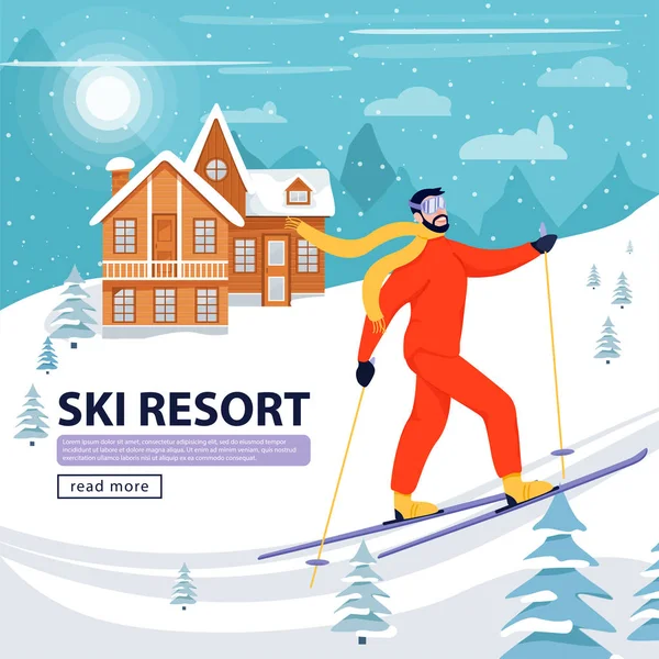 Ski Resort banner illustratie met skiër, houten hotel en besneeuwde bergen. Gelukkig man skiën in de bergen. — Stockvector