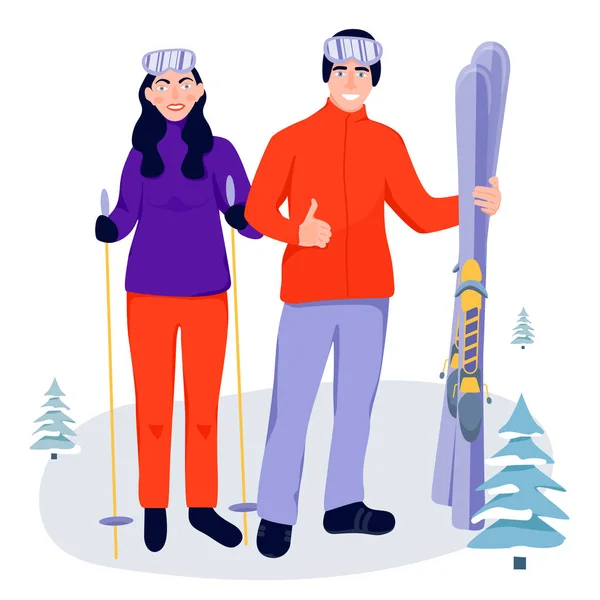 Concept d'activité vacances d'hiver. Joyeux couple avec des skis. Skieurs debout et tenant l'équipement pour le ski . — Image vectorielle