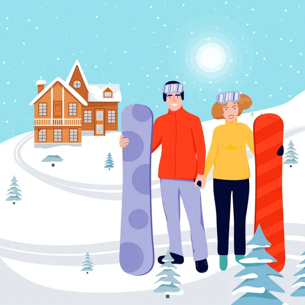 Skigebiet Banner Illustration mit Holzhaus und glückliches Paar mit Snowboards auf schneebedeckter Landschaft. Familie steht und hält Sportgeräte. — Stockvektor