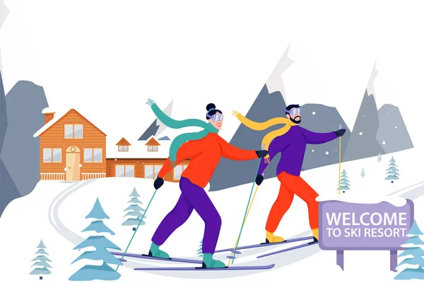 Ski Resort banner illustration med skidåkare, trä hotell och snöiga berg. Lyckligt par skidåkning i fjällen. — Stock vektor