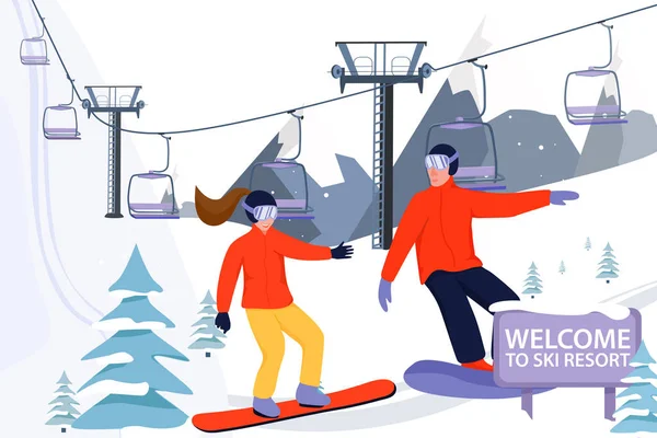 Ilustración de pancartas de estación de esquí con telesilla. Snowboarders deportista deslizarse por las pistas . — Archivo Imágenes Vectoriales