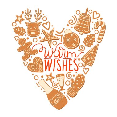 Noel ve Yeni Yıl tebrik kartı. İçinde Noel kurabiyeleri ve harfleri var..