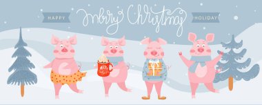 Noel ve Mutlu Yıllar illüstrasyonları. Köknar ağacı ve şirin domuzlarla mutlu Noeller. Vektör illüstrasyonu.