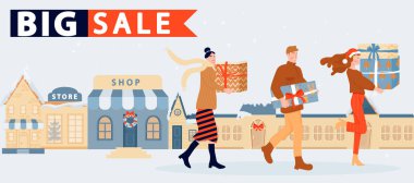 Tatil alışverişi. Noel ve mutlu yeni yıl satış afişleri. Noel hediyeli mutlu insanlar ve dükkanların arka planında alışverişler.