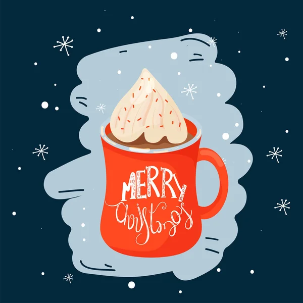 Natal e Feliz Ano Novo ilustração. Caneca com cacau e chantilly. Cartão de saudação para Natal, Ano Novo ou férias de inverno . —  Vetores de Stock