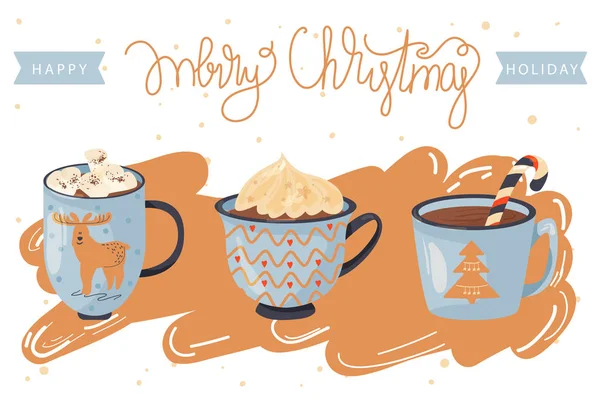 Navidad y Feliz Año Nuevo ilustración. Tazas de cacao con crema batida, malvavisco y bastón de caramelo . — Archivo Imágenes Vectoriales