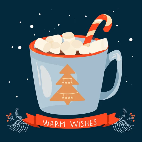 Natal e Feliz Ano Novo ilustração. Caneca de cacau com marshmallow. Cartão de saudação para Natal, Ano Novo ou férias de inverno . —  Vetores de Stock